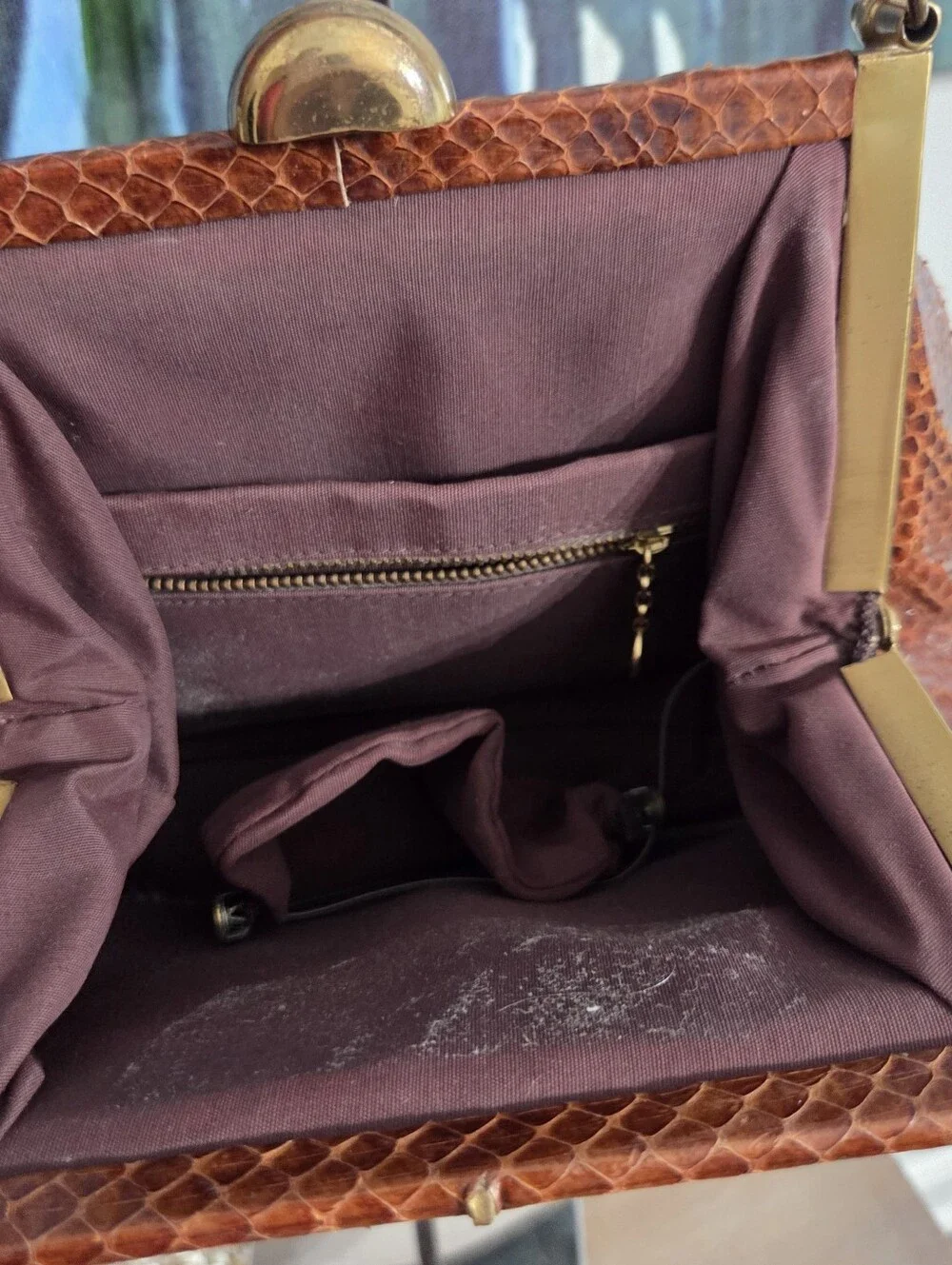 Vintage Genuine Snakeskin Handbag Brown Python Leather Framed Purse Clasp Close